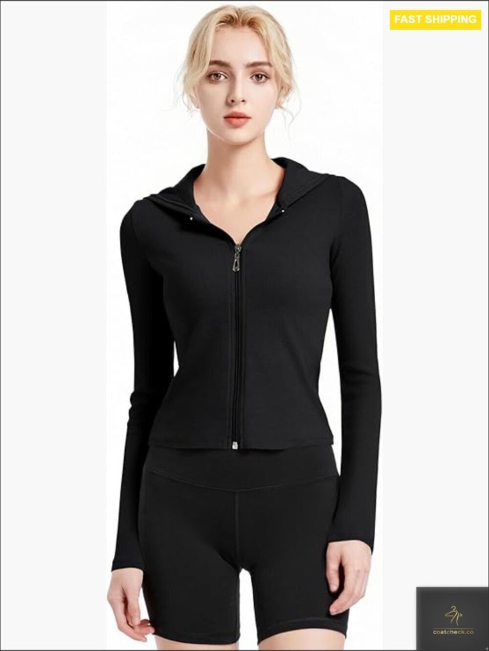 Fitted Cropped Full Zip Up Hoodie Lightweight Ribbed Long Sleeve Jacket Top